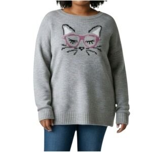 Evri Sweater Womens Plus Size 4X Gray Kitty Cat Cozy Pullover Sparkle Glasses